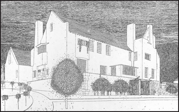 The Hill House&#39;un çizimi, güneybatıdan görünüş.